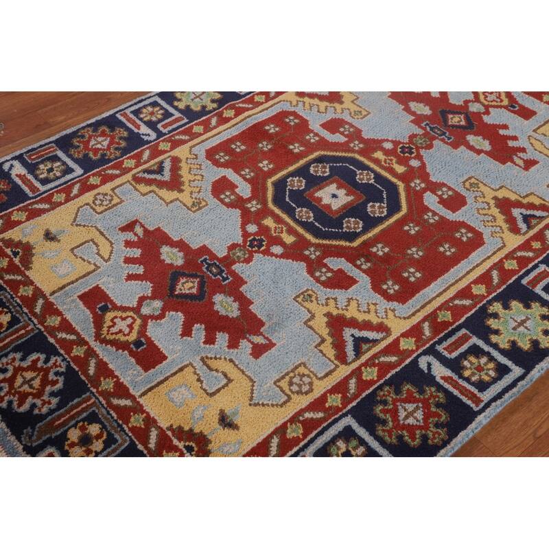 Blue Geometric Kazak Oriental Foyer Rug Handmade Wool Carpet - 4'0"x 5'10"