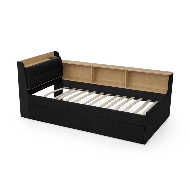 Twin Size Day Bed with Storage Headboard and Wireless Charging, Multi-functional Daybed with Two Storage Drawers & LED Lights