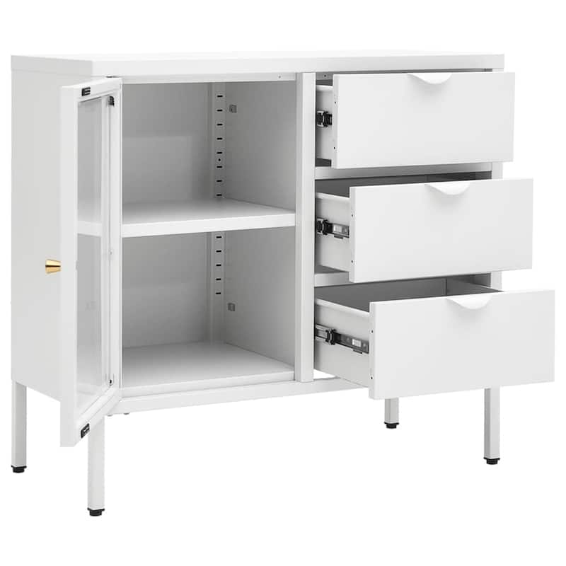 vidaXL Sideboard White 29.5"x13.8"x27.6" Steel and Tempered Glass