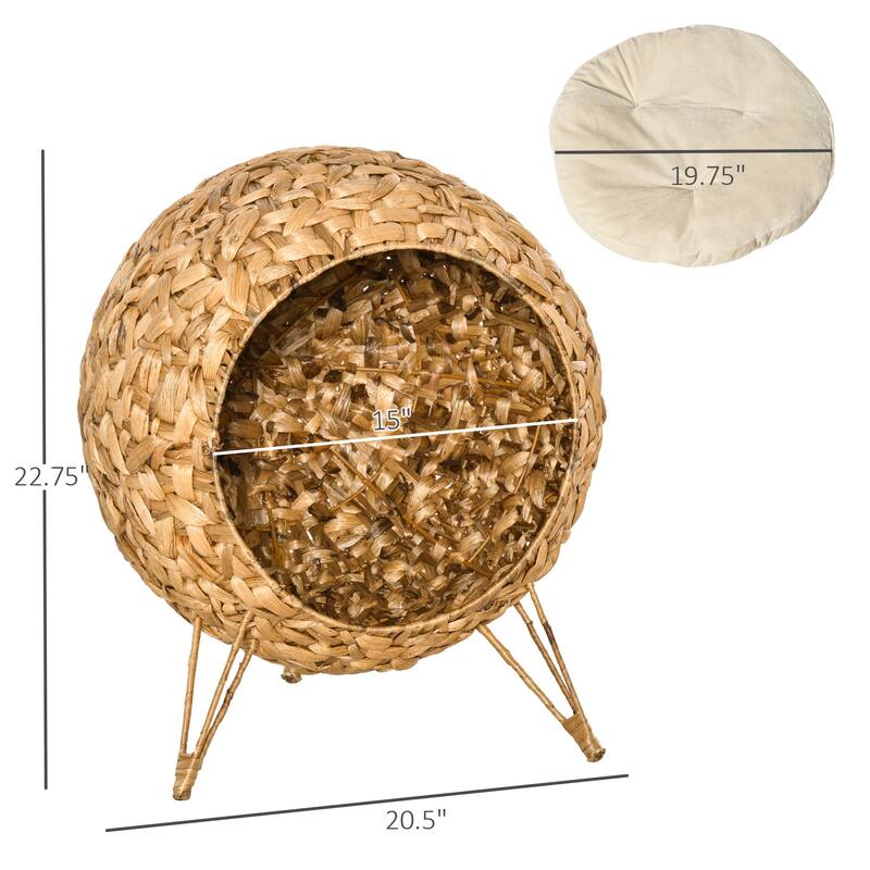 PawHut 20.5" Natural Rattan Cat House, Elevated for Comfort and Circulation, Cushion Included as Animal Bed