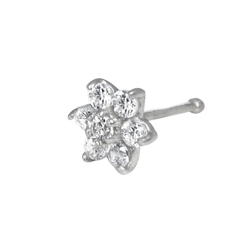 Curata Solid 14K Yellow or White Gold 4-mm 20 Gauge Cubic Zirconia Flower Nose Stud