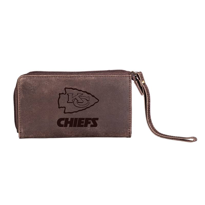 Brown Leather Cell Phone Wristlet Wallet, Kansas City Chiefs - 4" x 7"