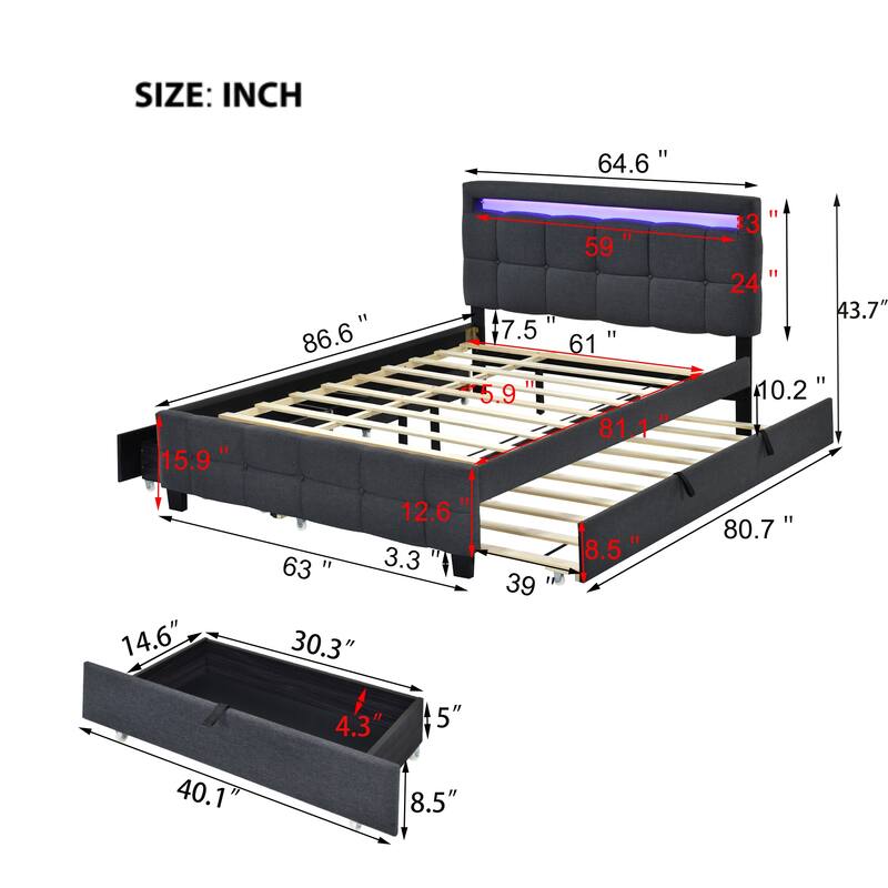 Queen Size Linen Upholstered Platform Bed with Twin XL Trundle and 2 Drawers Wood Storage Bed Frame with LED & Tufted Headboard