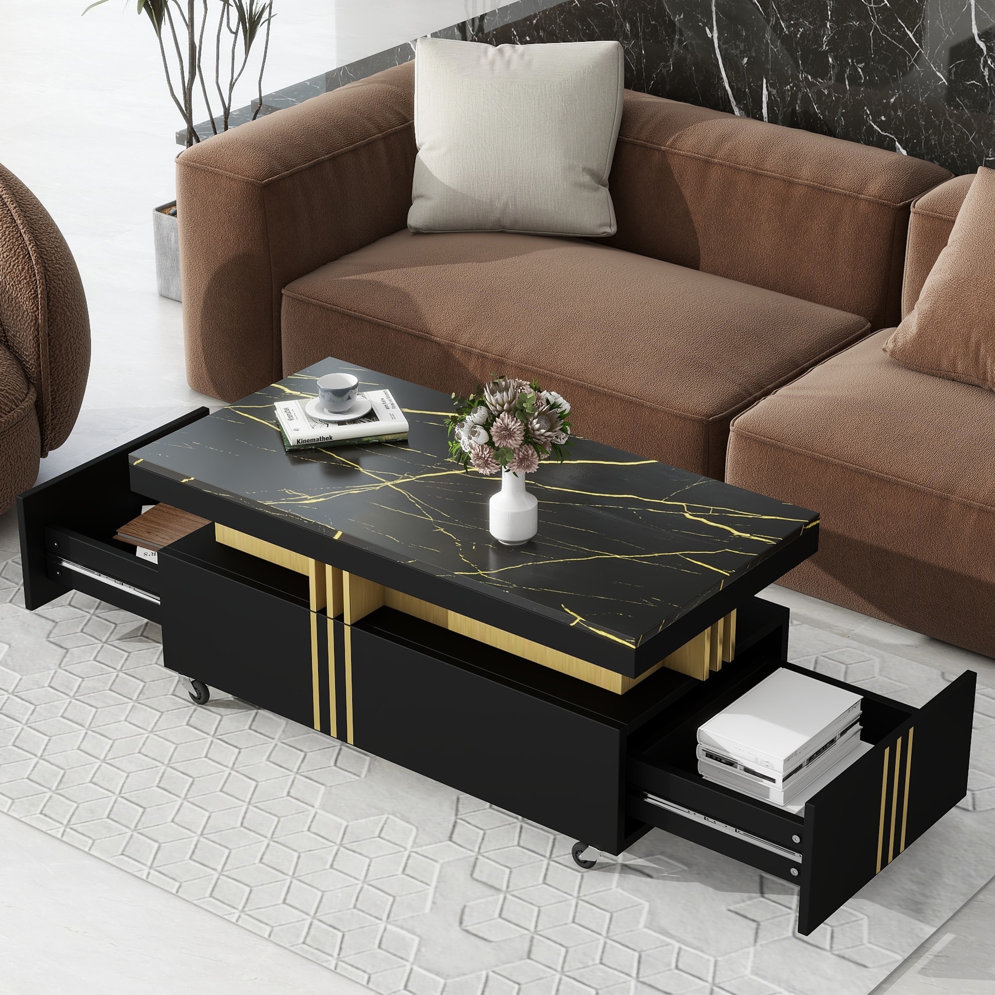 Roomfitters Rectangle Coffee Table with Faux Marble Top, Modern