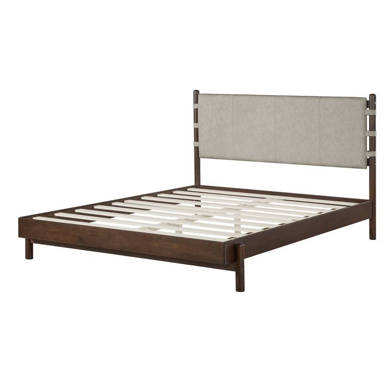 Premium Rubber Wood Platform Bed Frame, Queen Bed Frame with Headboard Included, Mid Century Modern Bed With Beige Color