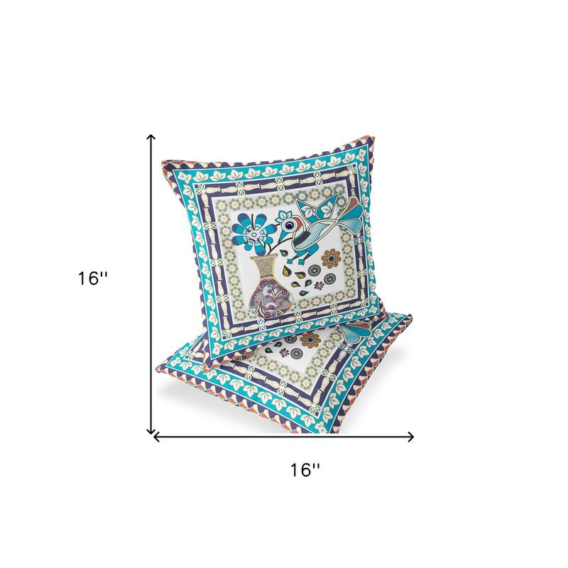 HomeRoots Set of Two 16" X 16" Blue and Purple Peacock Blown Seam Floral Indoor Outdoor Throw Pillow - 16.00' X '16.00' X '5.00