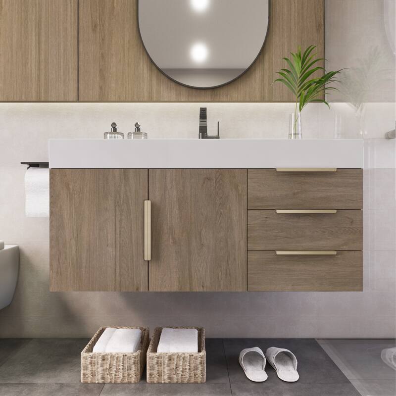 Noble 42" Wall Mounting Vanity (R Drawer) with Reinforced Acrylic Sink - 42" Width - Wood Finish - White Oak