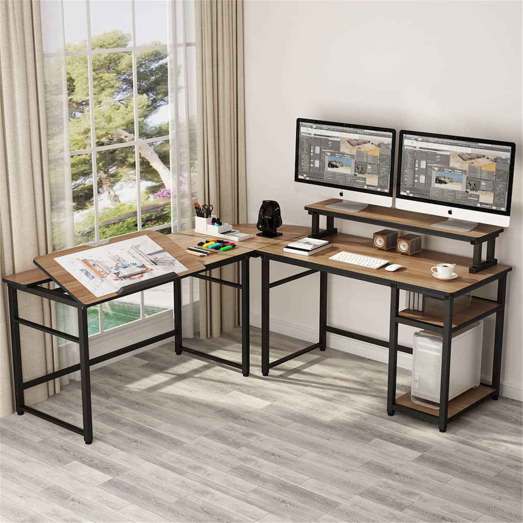 L-Shaped Desk with Monitor Stand Riser, Tiltable Drafting Table