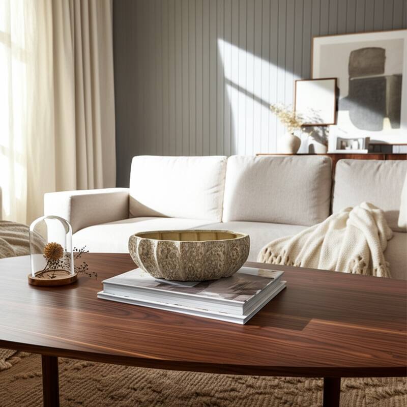 Ceramic Decorative Bowl with Glossy Glazed Finish Modern Accent - Ivory/ Tan - 16" x 8" x 5"