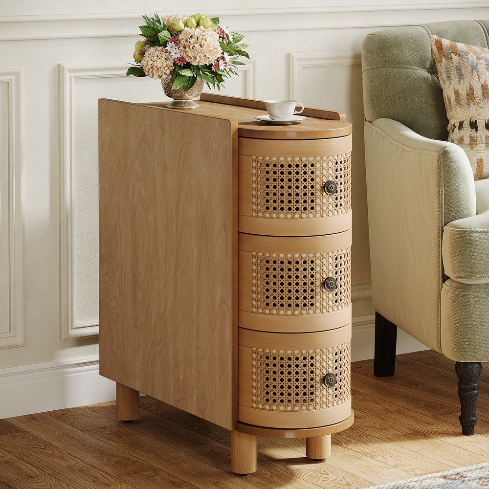 Solid Wood End Table, 3-Drawer Rattan Side Table, Night Stand with Exquisite Embossed Handles for Living Room