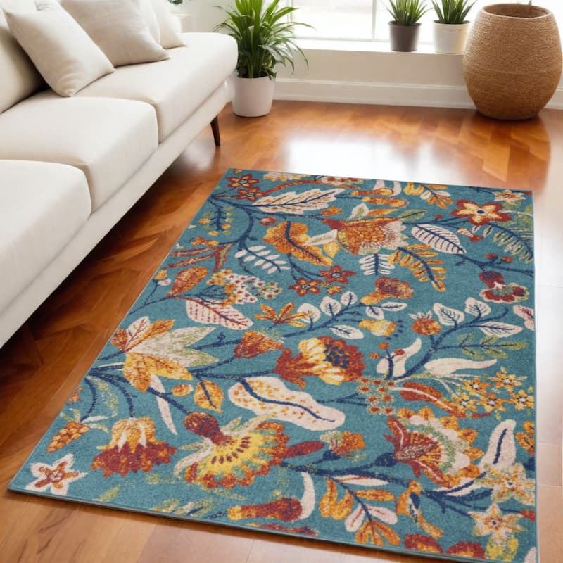 Kegib Power Loomed Floral Traditional Low Pile Area Rug By HomeRoots - 87' X '63' X '0.25 - 87' X '63' X '0.25 - Aqua - Rectangle