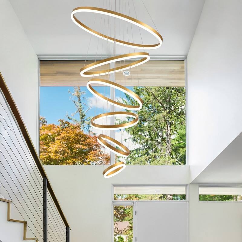 Modern Ring LED Chandelier Ring Adjustable Ceiling Light with Remote Control for High Ceilings