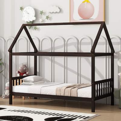 Twin Size Platform Bed with House-Shaped Design, Spacious Underbed Storage, Quality Rubber Wood Frame