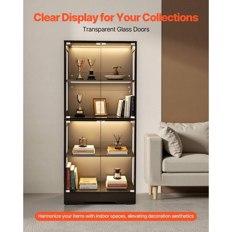 Black MDF Glass Display Cabinet 4-Tier with 3-Color LED Lighting - 28.82 × 13.86 × 65.16 inch