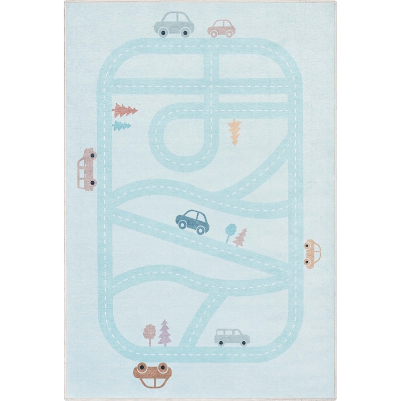 Well Woven Kids Rugs Playful Roads Modern Machine Washable Area Rug - Light Blue - 6' x 9' - Rectangle