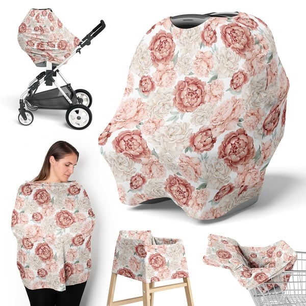 slide 2 of 6, Sweet Jojo Designs Blush Pink Boho Shabby Chic Floral Girl 5 in 1 Baby Car Seat Nursing Cover Ivory Bohemian Vintage Watercolor