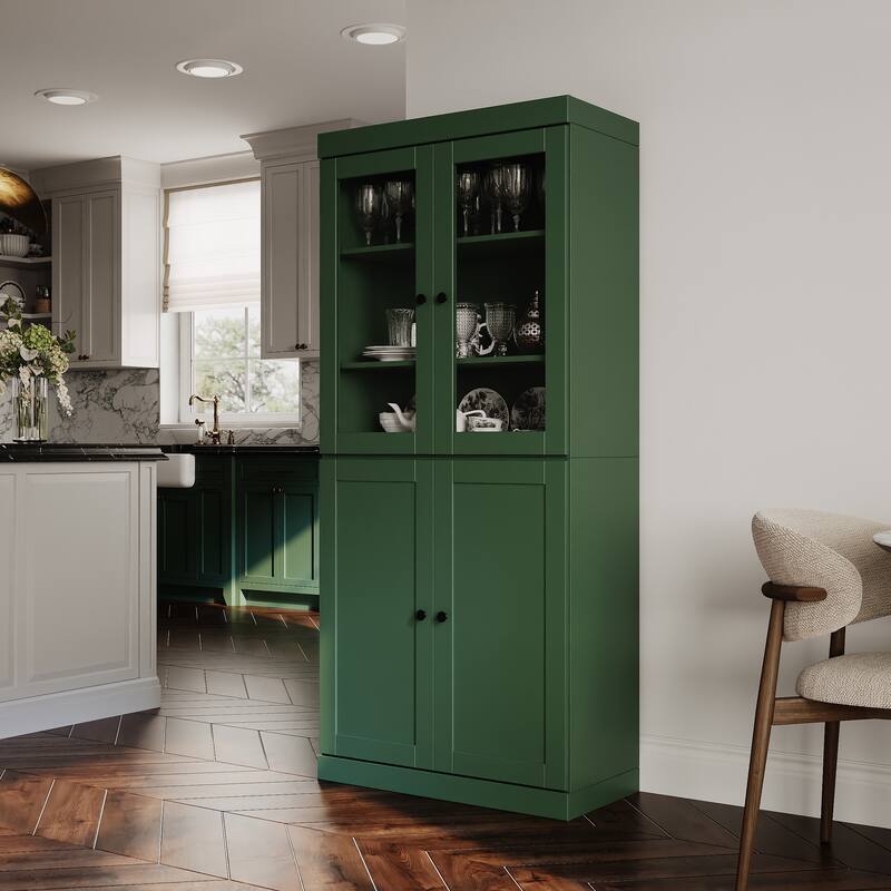 Palace Imports 100% Solid Wood 32" Pantry Cabinet with Clear Glass, Shaker Doors, 2-Drawers and Adjustable Shelves