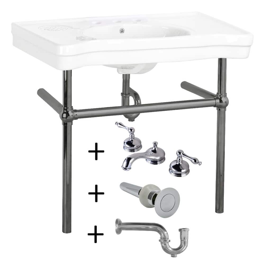 Belle Epoque White Porcelain Console Sink with Black Nickel Bistro Legs and 8" Widespread Faucet