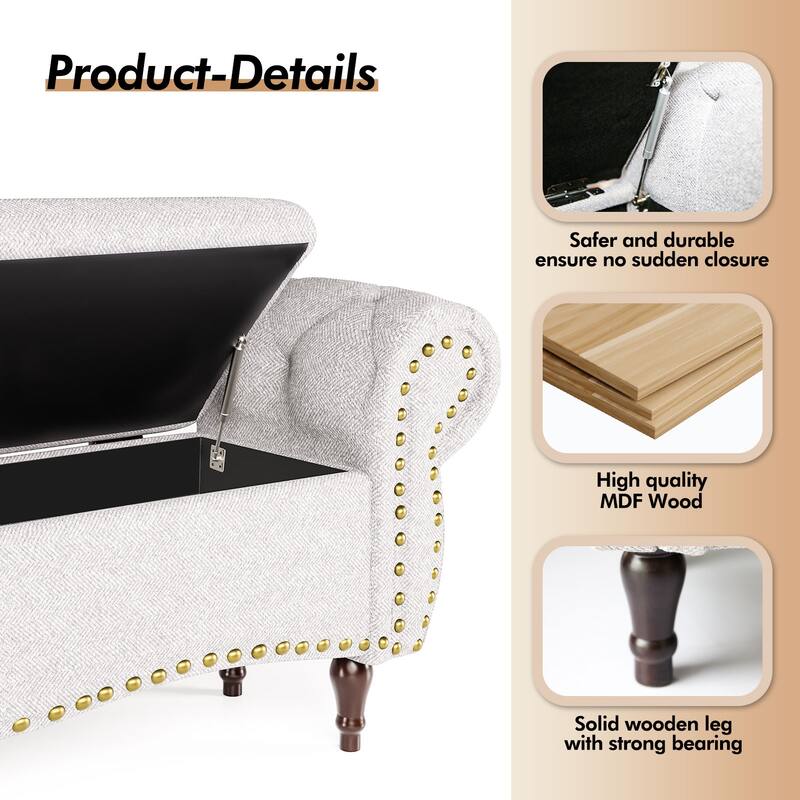 53 in Tufted Bench with Safety Hinge and Rolled Arm End of Bed Storage