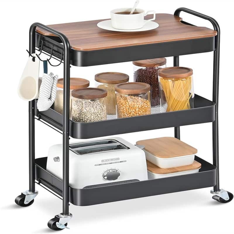 3 Tier Rolling Cart Metal Utility Cart with Top - 12"D x 17.3"W x 31.1"H - Black