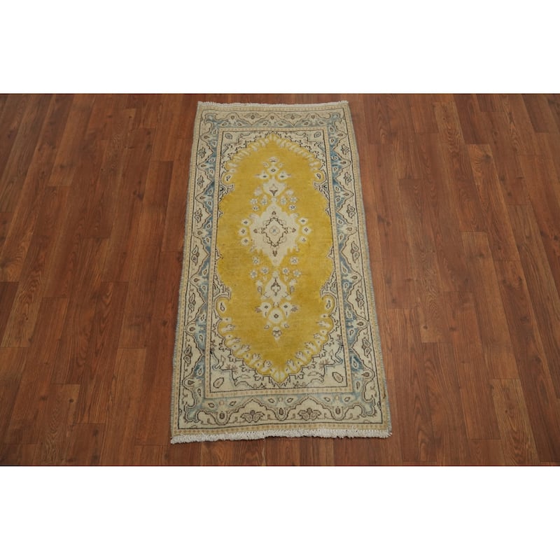 Hand Knotted Oriental 100% Wool Carpet Traditional Medallion Yellow & Gold Kerman Area Rug - 3' 7'' X 1' 9''
