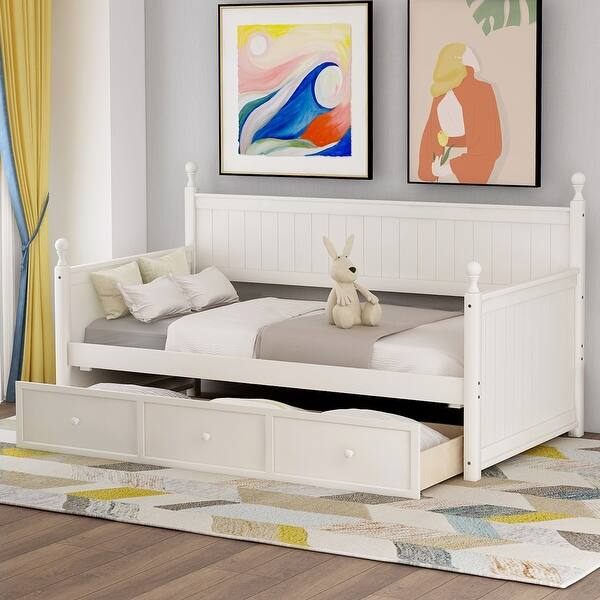 slide 2 of 11, Twin Size Wood Daybed with 3 Storage Drawers, Wooden Sofa Bed for Teens, Guests, No Box Spring Needed, White White - Twin