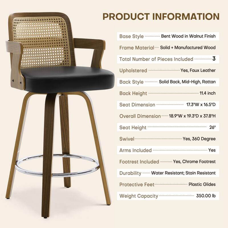 Upholstered Wood Swivel Counter Height Barstool with Arms