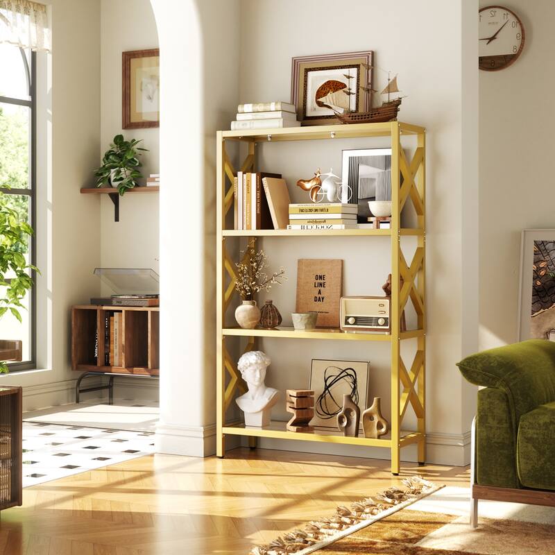 Modern Gold Bookshelf with Tempered Glass Shelves, 3-5 Tires Display Storage Shelving