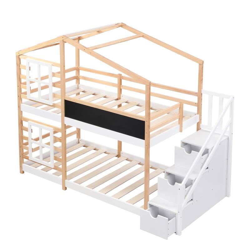 Twin over Twin Bunk Bed House Bed With Roof Windows Blackboard And Storage Ladder Platform Bed, bed Frame