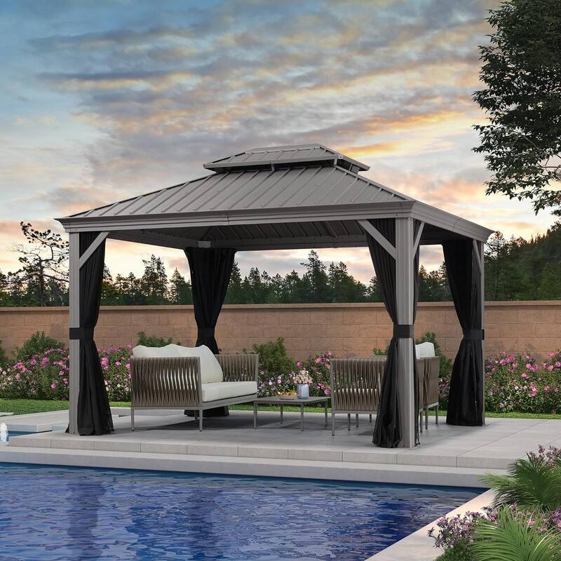 PURPLE LEAF Patio Gazebo for Backyard Hardtop Galvanized Steel Frame with Upgrade Curtain - Light Grey