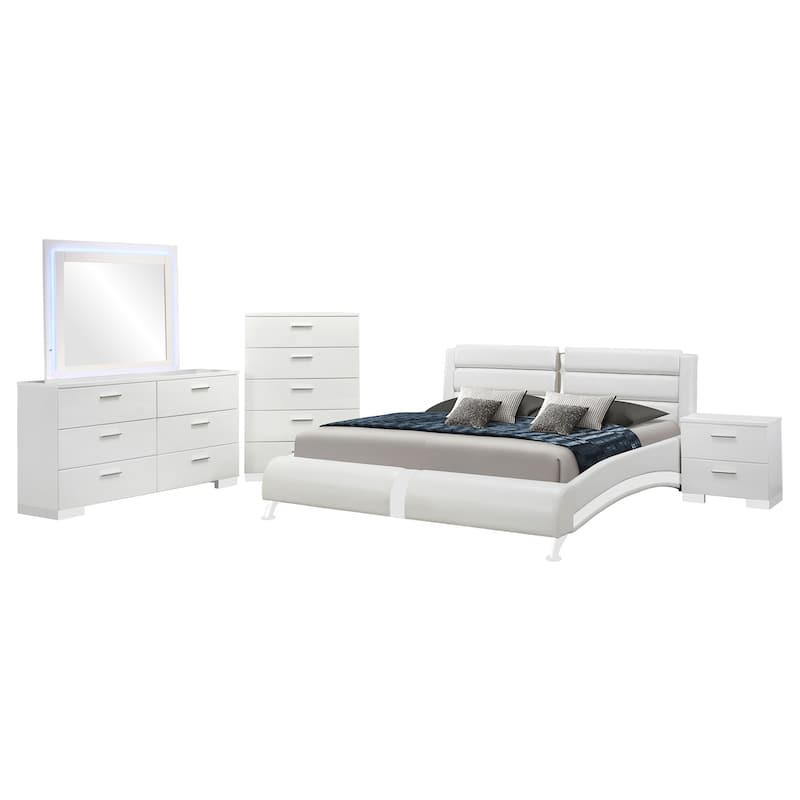 Zor 5pc King Size Bedroom Set, White Faux Leather and LED Mirror