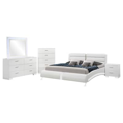 Zor 5pc King Size Bedroom Set, White Faux Leather and LED Mirror