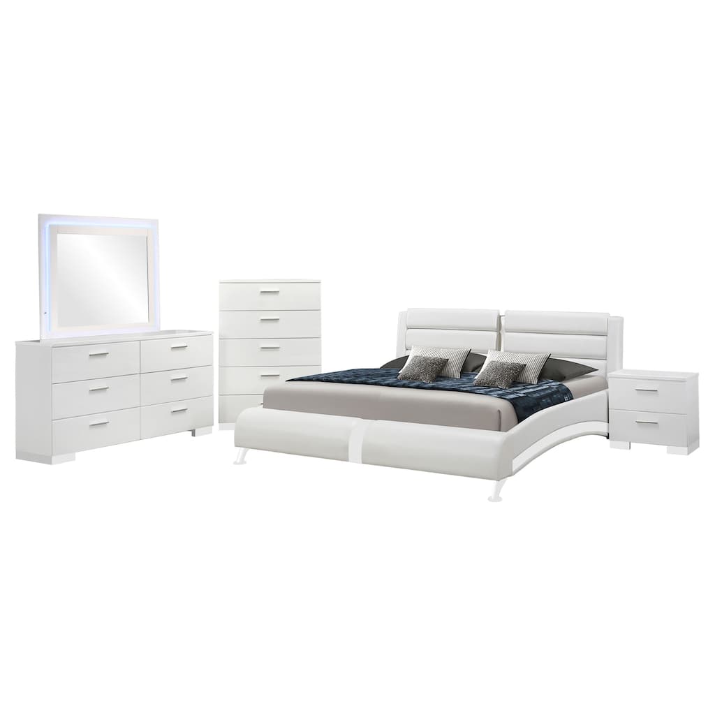 Zor 5pc King Size Bedroom Set, White Faux Leather and LED Mirror