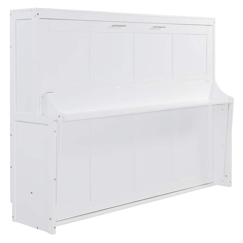 Full/Queen Wall Murphy Bed with Desk and Hydraulic Lift - Space-Saving Design, White or Gray, 600 lbs Capacity