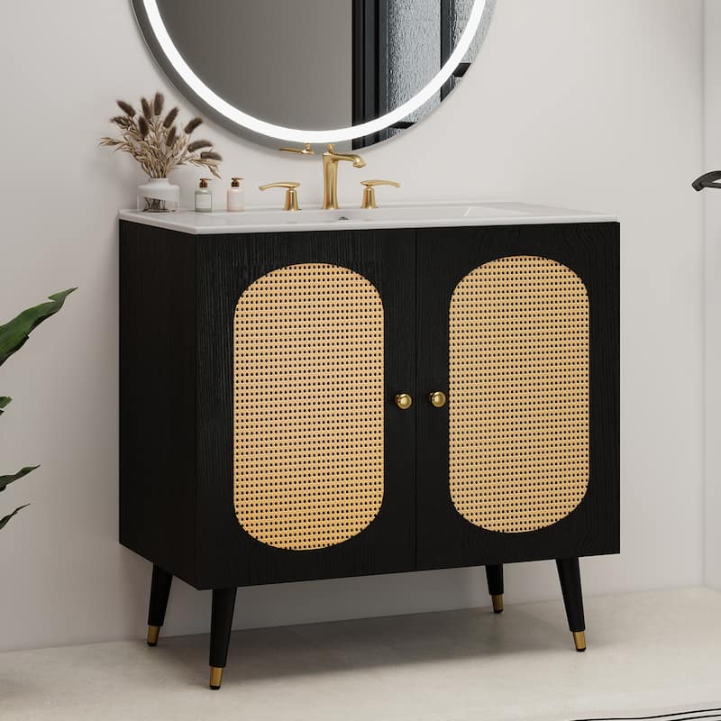 36" Rattan Boho Bathroom Vanity with Sink - Black