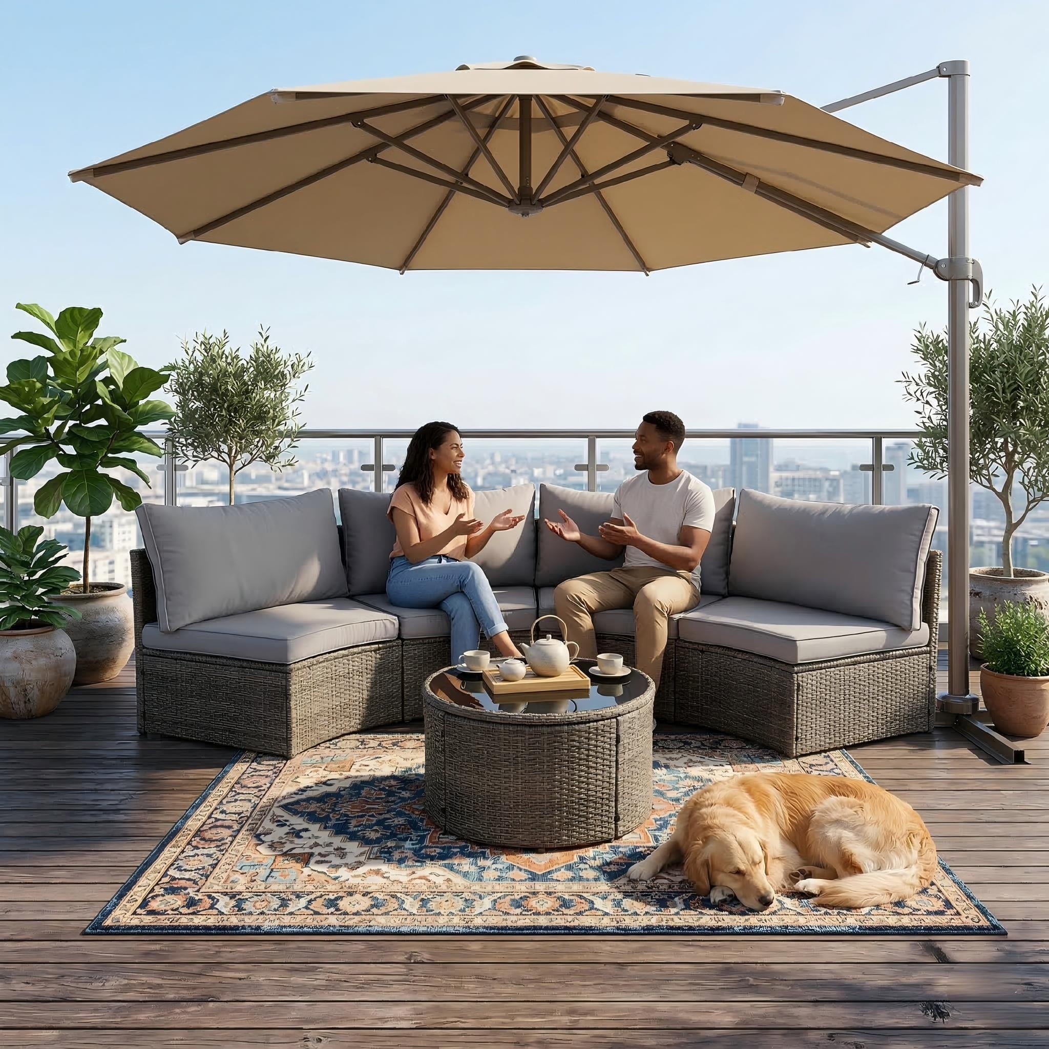 half patio set with umbrella BTMWAY 2 Pcs Furniture Set, Outdoor Wicker Half-moon Sectional F btmway sided rectangular patio umbrella features a fade Umbrella Hole Patio Dining Sets