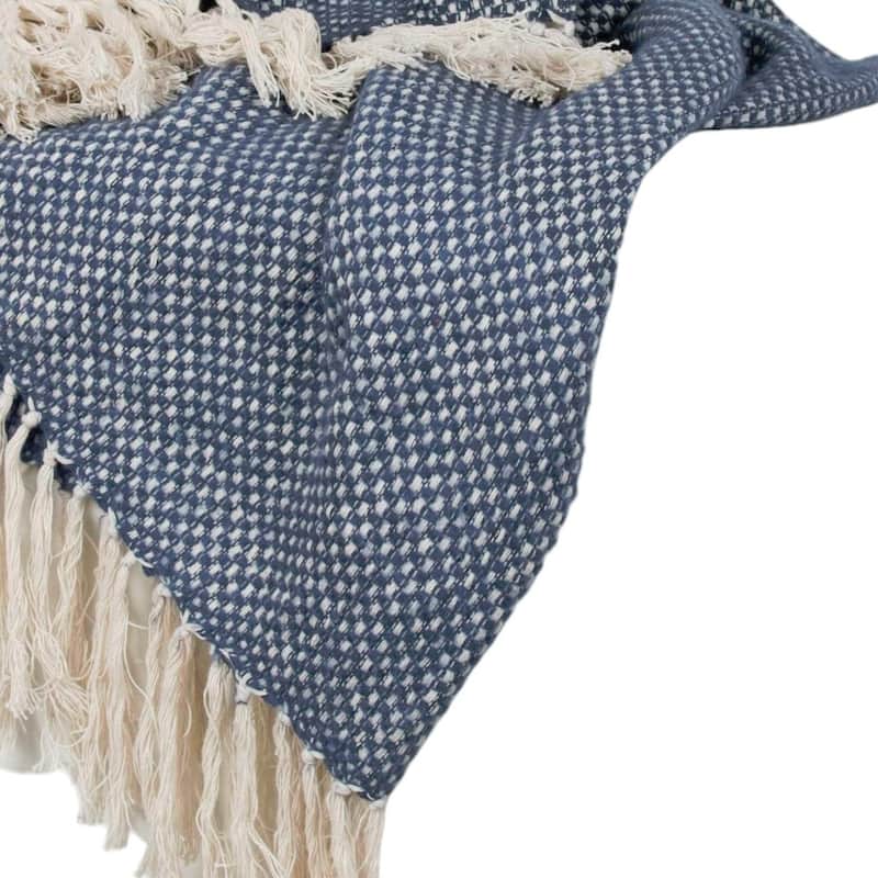 HomeRoots 50" X 60" Navy and Ivory Woven Cotton Polka Dots Throw Blanket with Tassels