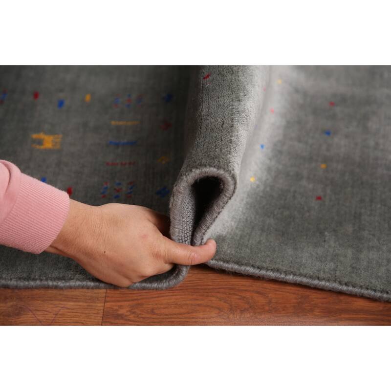 Slate Green Tribal Gabbeh Oriental Area Rug Hand-Knotted Wool Carpet - 8'1" x 9'11"