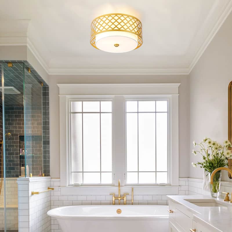 3-light Modern Gold Cylinder Drum Fabric Semi-Flush Mount Light - 17.7 in. W x 9.7 in. H