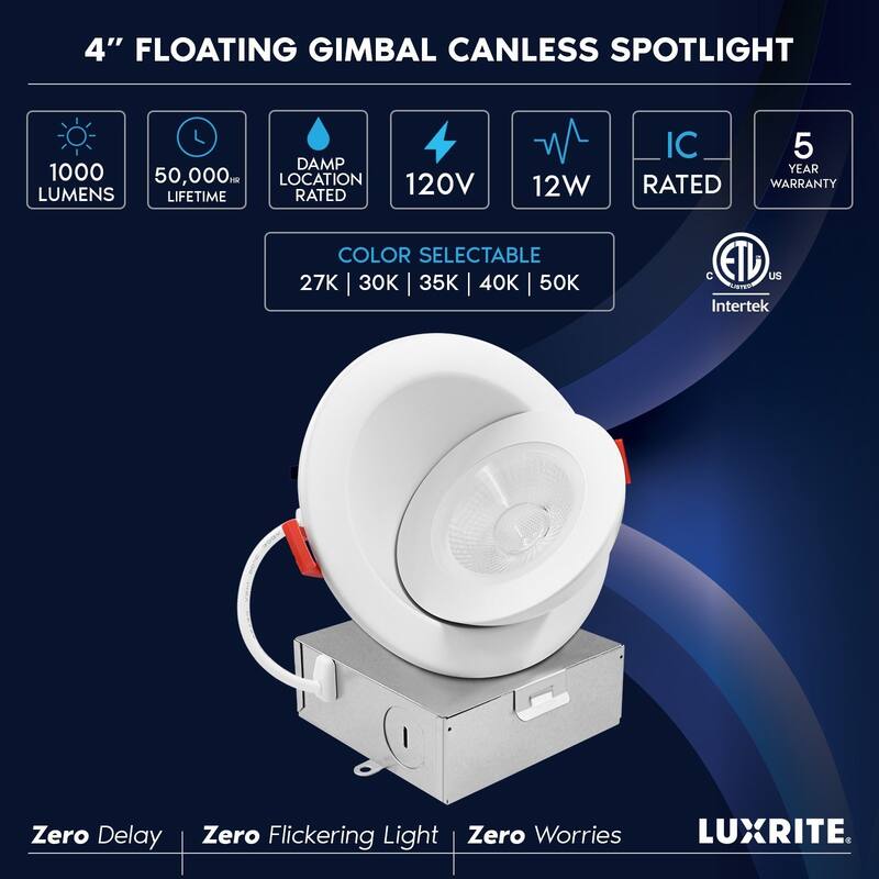 Luxrite 4 Inch Floating Gimbal LED Recessed Lighting with J-Box, CRI 90, 5CCT Dimmable, 12W ETL Listed 6 Pack
