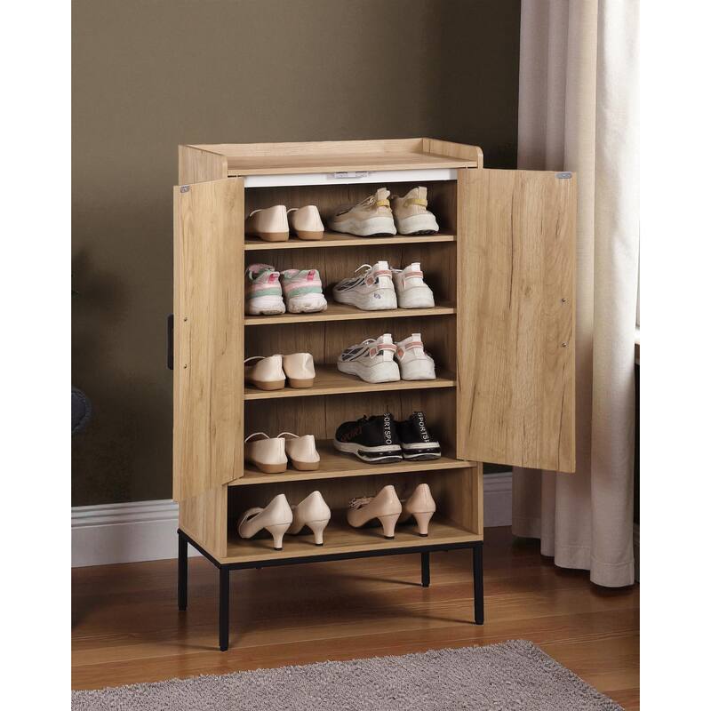 Rattan Door Shoe Cabinet, 5-Tier Wooden Shoe Storage Organizer with Open Shelves for Entryway, Hallway, or Bedroom