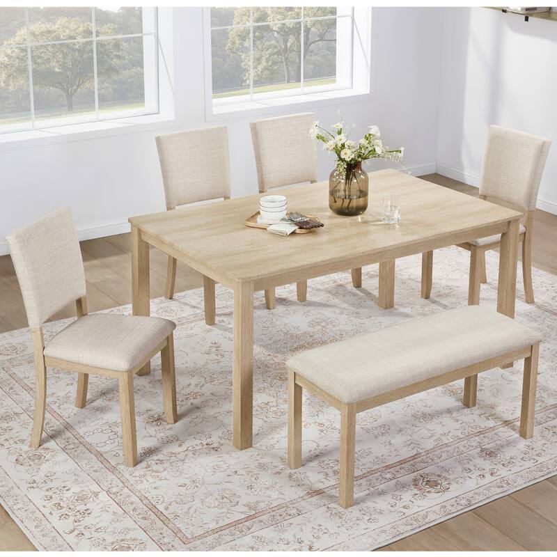 6-Piece Dining Table Set, Wooden Rectangular Kitchen Table Set with Bench and 4 Upholstered Chairs for Kitchen, Dining Room - Beige,Light Oak
