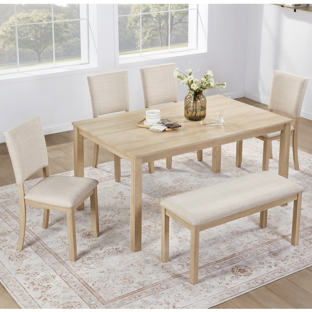 6-Piece Solid Wood Dining Table Set, Including 1 Dining Table, 4 Chairs & 1 Bench, Kitchen Dining Table & Chair Set for 6