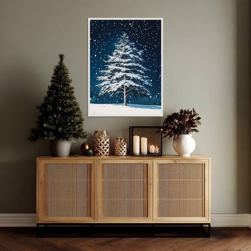 Winter Snowy Pine Tree by Pictufy Studio Framed Canvas Wall Art Print - Sylvie Beaded White