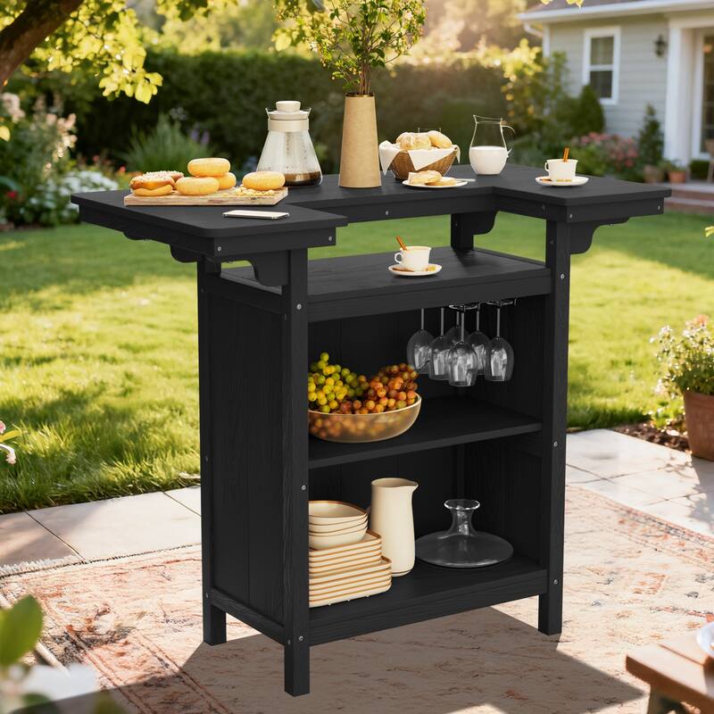 HDPE Indoor/Outdoor Bar Table with Storage Shelves - Black
