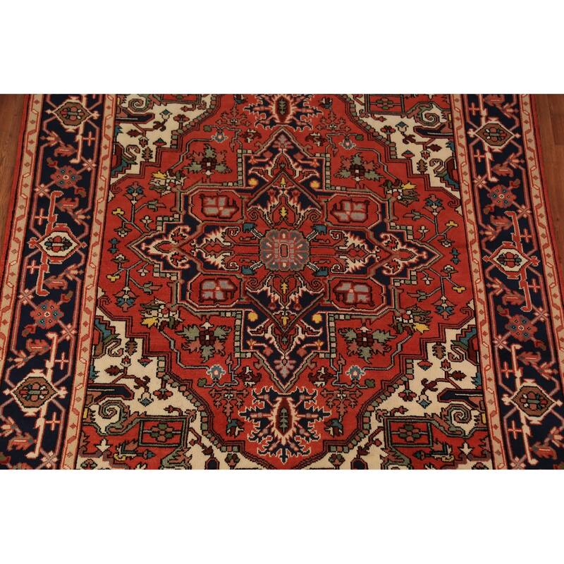 Orange Geometric Heriz Serapi Indian Area Rug Handmade Wool Carpet - 7'11"x 9'10"