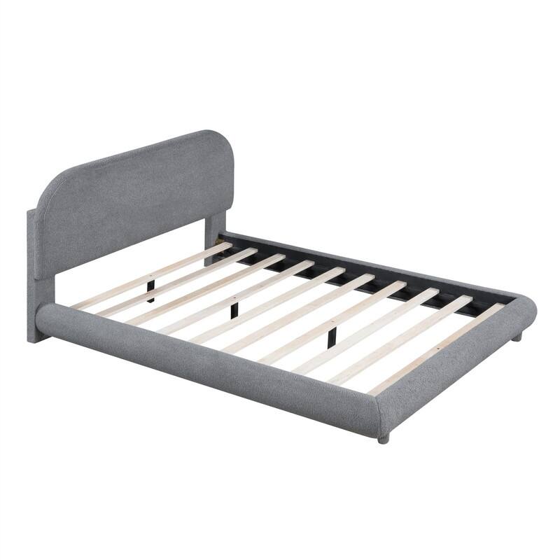 Teddy Fleece Upholstered Bed Frame with Curved Shaped Headboard, Full/Queen Size Platform Bed with Wood Slats Support