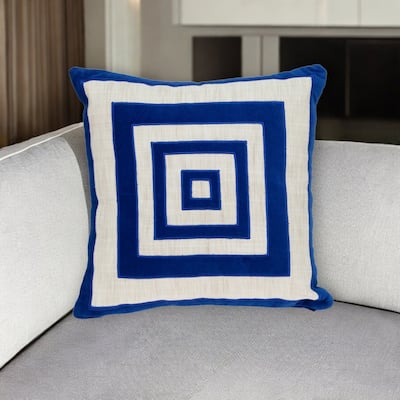 HomeRoots 18" Beige and Blue Geometric Cotton Blend Throw Pillow with Embroidery and Applique