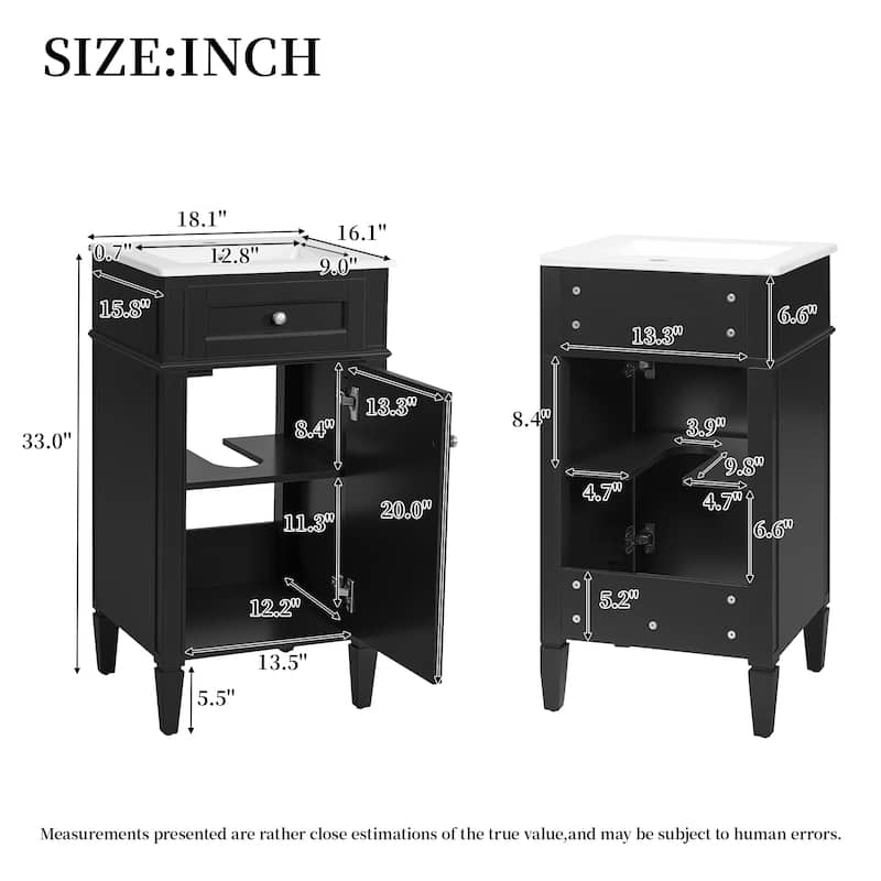 18" Freestanding Single Bathroom Vanity with Ceramic Sink, French Style Cabinet with Soft Close Door
