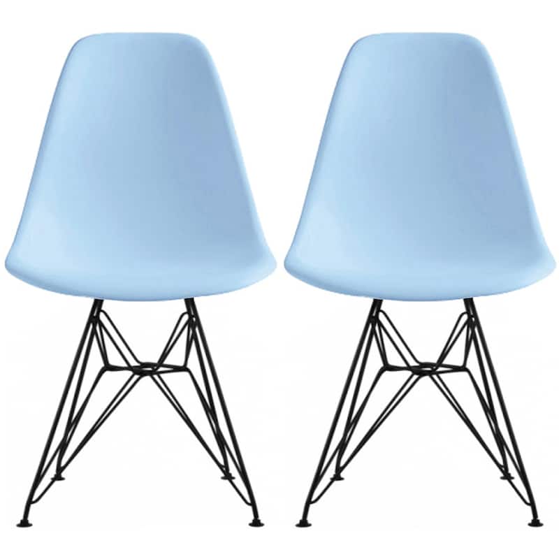 Set of 2 Mid-Century Modern Dining Side Chairs Armless Plastic Shell Seat with Black Metal Wire Eiffel Base, White - Blue